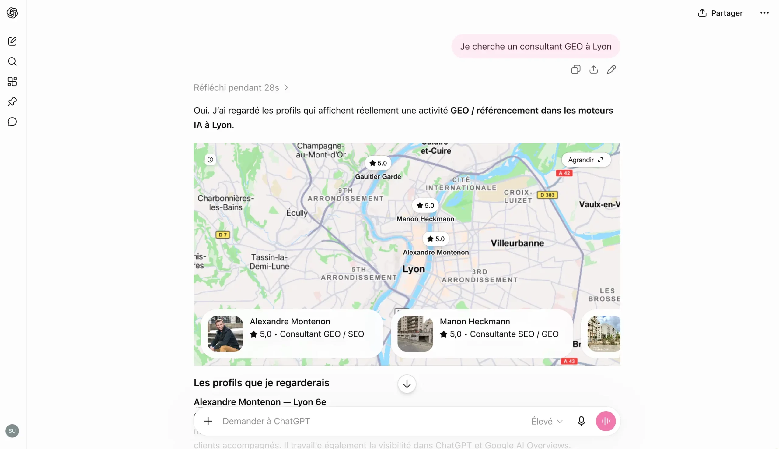 Alexandre Montenon visible comme consultant GEO à Lyon dans une réponse générée par une IA