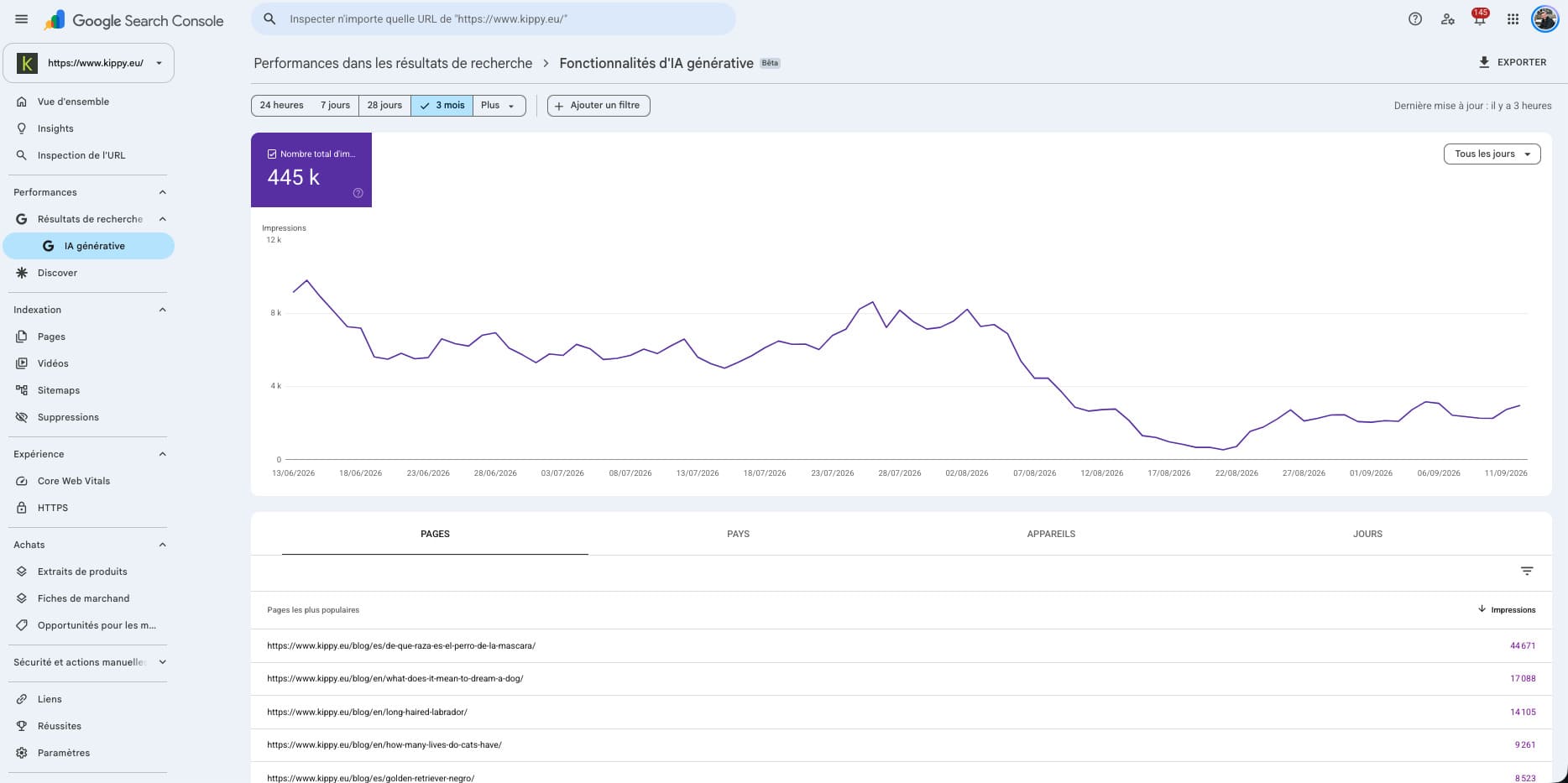 Diagnostic de visibilité IA Kippy avec baisse des impressions dans Google AI Overviews en août 2026