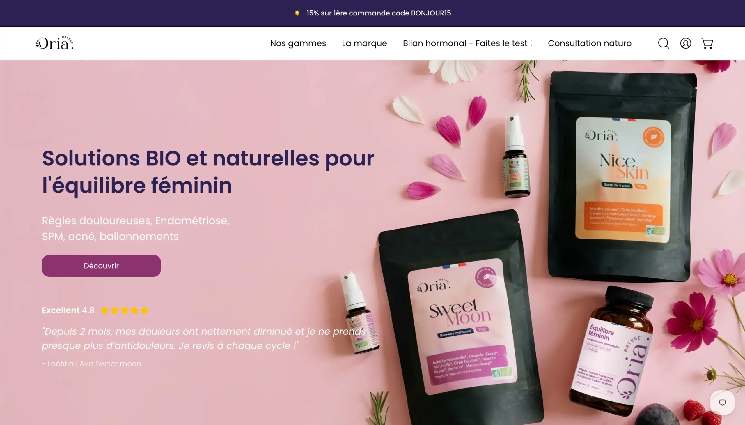 Capture d’écran du site Oria Nature, solutions BIO et naturelles pour l’équilibre féminin