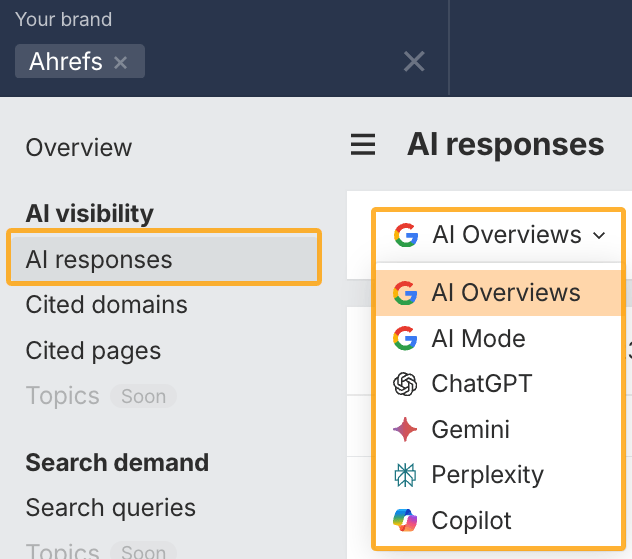 Capture Ahrefs Brand Radar permettant de sélectionner séparément AI Overviews et AI Mode