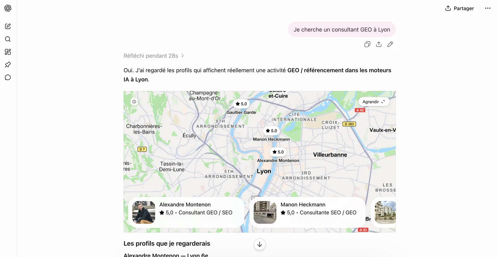 ChatGPT : « consultant GEO à Lyon » : Je suis cité en tête, avec ma fiche et ma note.
