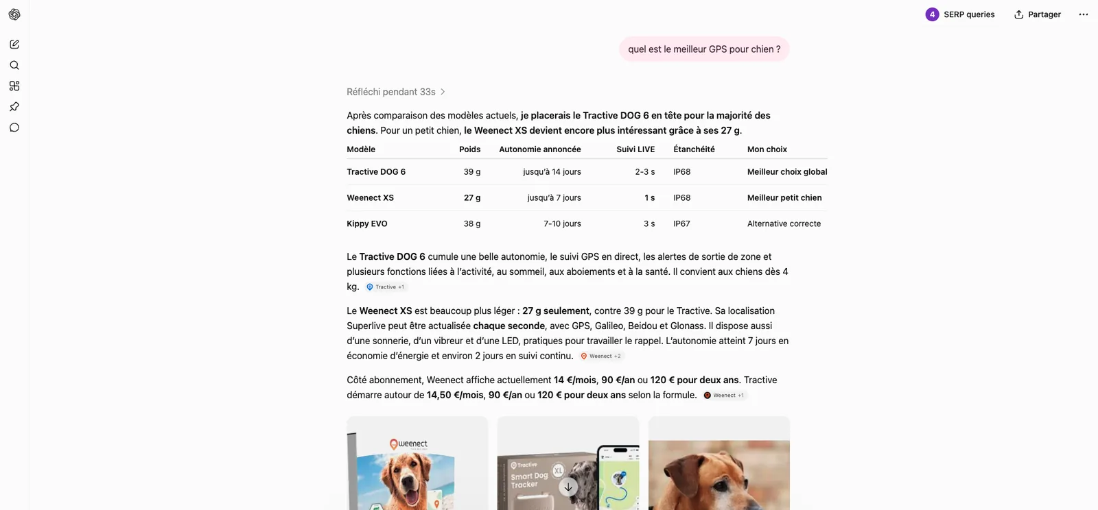 ChatGPT : « meilleur GPS pour chien » : Kippy EVO est comparé à Tractive et Weenect.