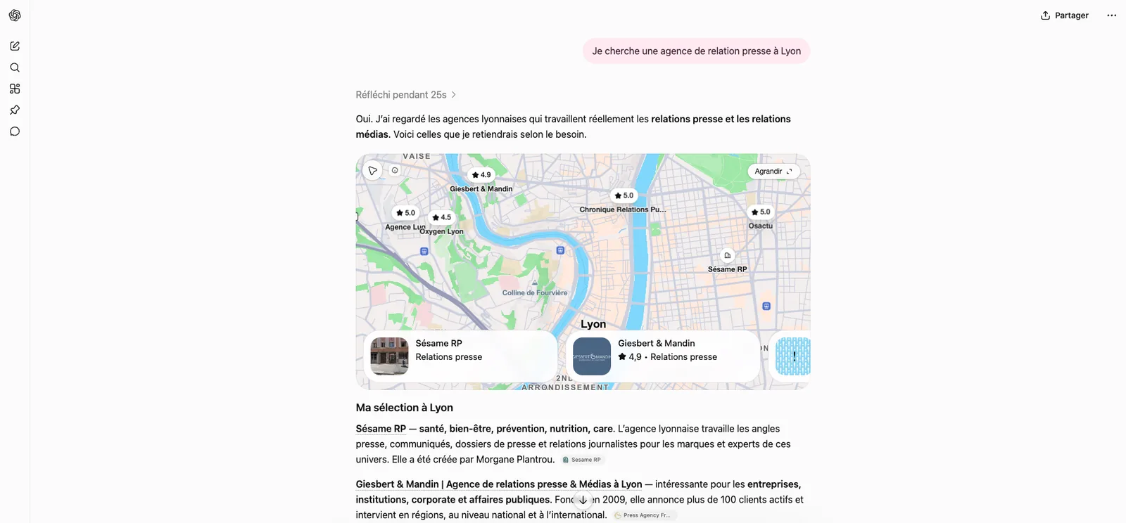 ChatGPT : « agence de relation presse à Lyon » : Sésame RP fait partie de la sélection.