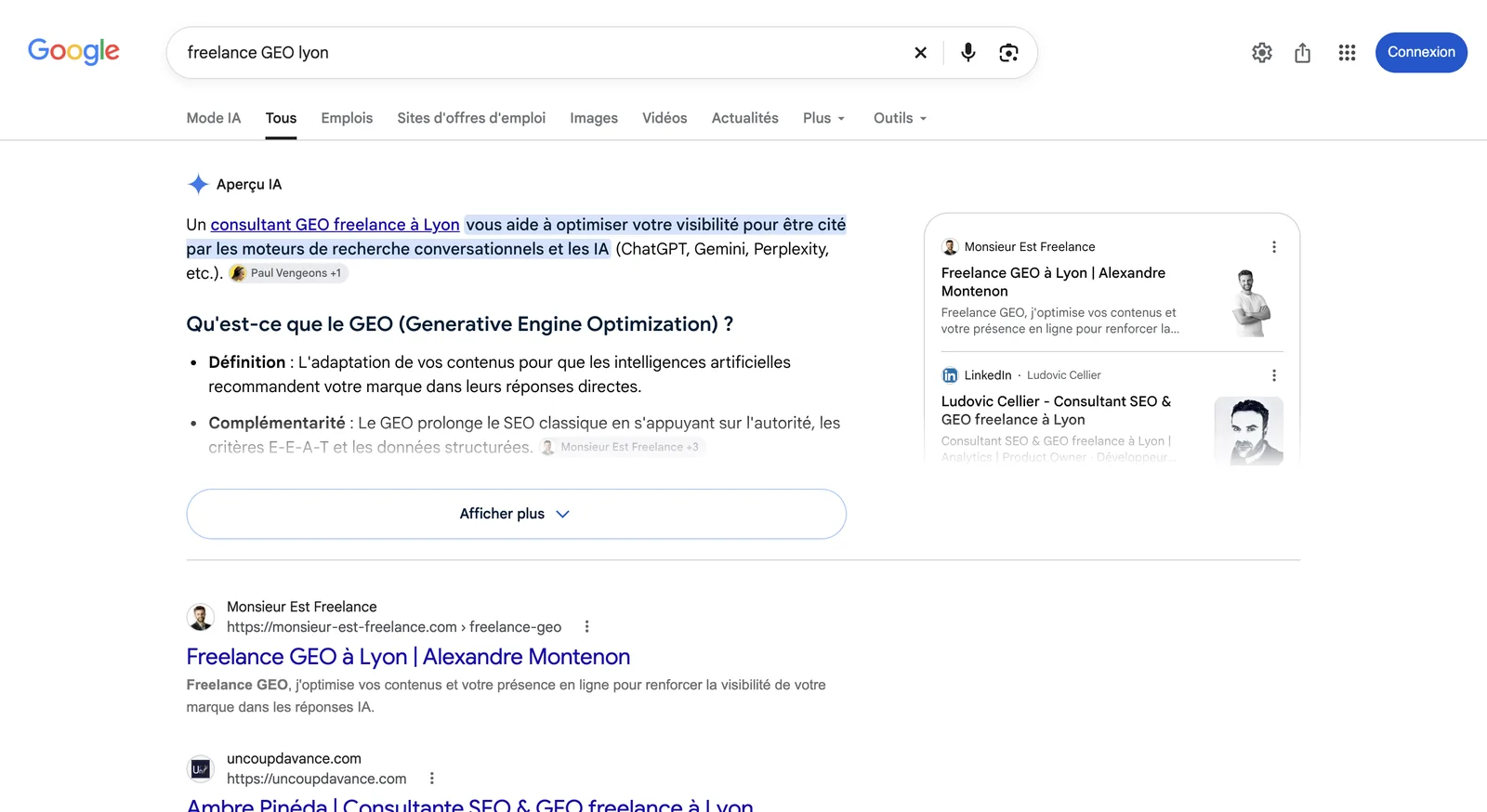 Google : « freelance GEO lyon » : Mon site apparaît dans l’aperçu IA et en premier résultat.