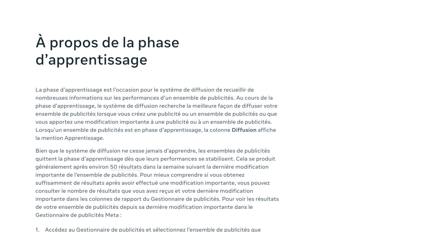 Page d’aide Meta Business : à propos de la phase d’apprentissage, environ 50 résultats après la dernière modification importante